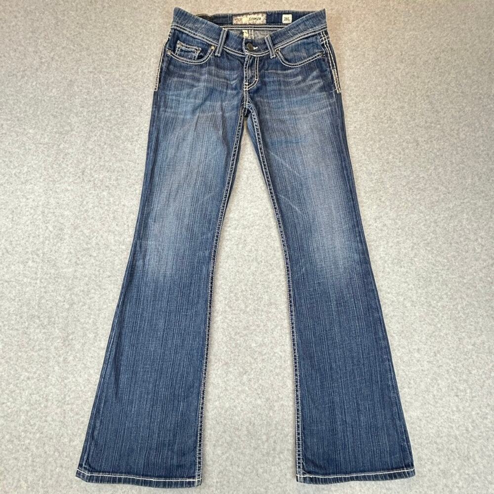 BKE Starlite Flare Low Rise Jeans Women 28L (30x33.5) Distressed Contrast Stitch